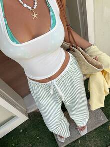 Sunnyshic Women's Light Green Striped Low Waist Drawstring Loose Fit Splice Pants, Sweet European And American Beach Vacation Style, Summer - Green - View 5