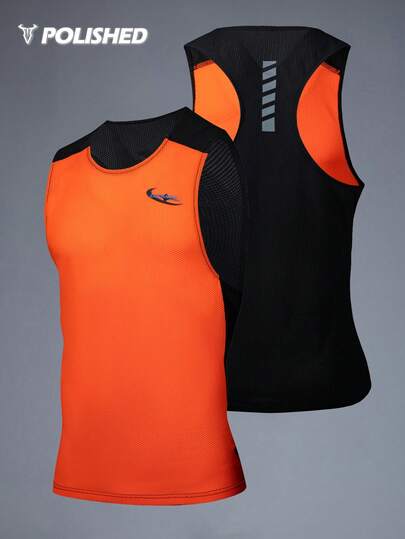 Manfinity Sport Polished 1pc Men's Neon Orange & Black Mesh Splice Breathable Sports Tank Top