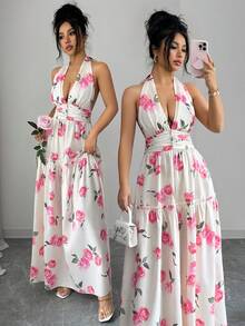 Elenzga Đầm thanh lịch in họa tiết hoa hồng màu hồng, cổ yếm, eo xếp ly, gấu váy xếp lớp. - Nhiều màu - Xem 1