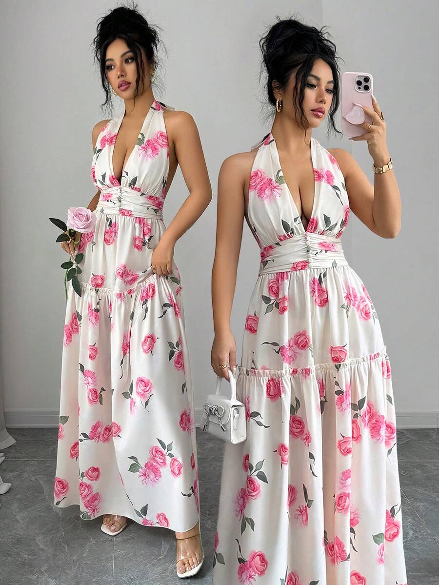 Elenzga Đầm thanh lịch in họa tiết hoa hồng màu hồng, cổ yếm, eo xếp ly, gấu váy xếp lớp. - Nhiều màu - Xem 1