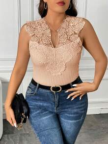 SHEIN Frenchy Top de verano de talla grande con unicolor, sin mangas, con aplicaciones de encaje y ajustado - Albaricoque - Ver 6