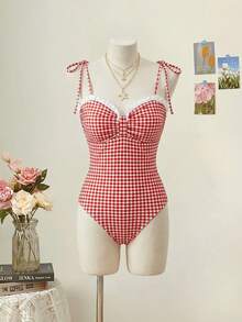 SHEIN MOD Women's Ruffled Plaid One-Piece Swimsuit, Vacation, Swim Suits For Women, Beach Set, Valentine's Day ,Holiday Outfits, Vacation Outfits Women - Red and White - View 2