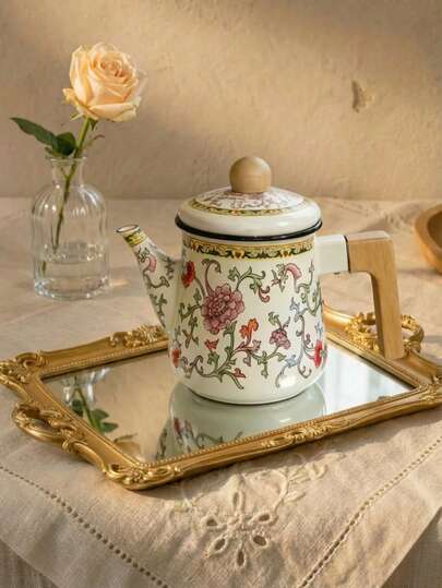 Cirelle 1.2升搪瓷茶壶，木柄设计——复古花卉图案，炉灶咖啡壶，是下午茶、早午餐或馈赠佳品的完美之选。