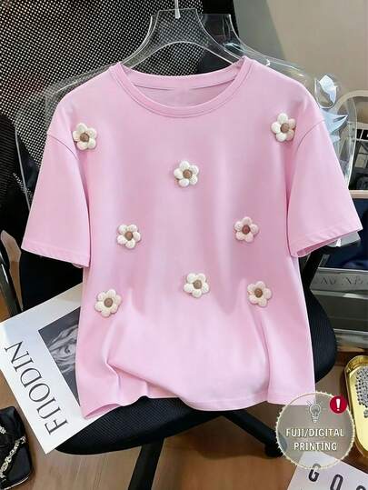 Resyla 3D逼真花卉印花圆领女式短袖T恤