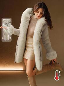 Anewsta Thick Long Fluffy Fur Collar Lined Cinched Waist Parka Coat, Women Padded Coat - Beige - View 6