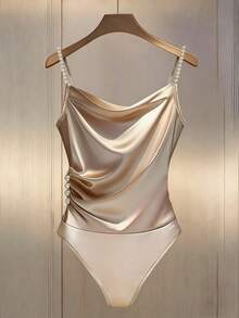 Franclia Apricot Satin Satin Turtleneck Slim-Fitting Bodysuit With Pearl Embellishments, Exuding Elegance And Sophistication. A Shimmering Top, Perfect For A Summer Vacation Look. White Top, Sleeveless Top.Fashionable Casual Commuter Wear, Business Office Wear, Versatile And Stylish Everyday Casual Wear, Urban Teacher's Professional Attire - Apricot - View 3