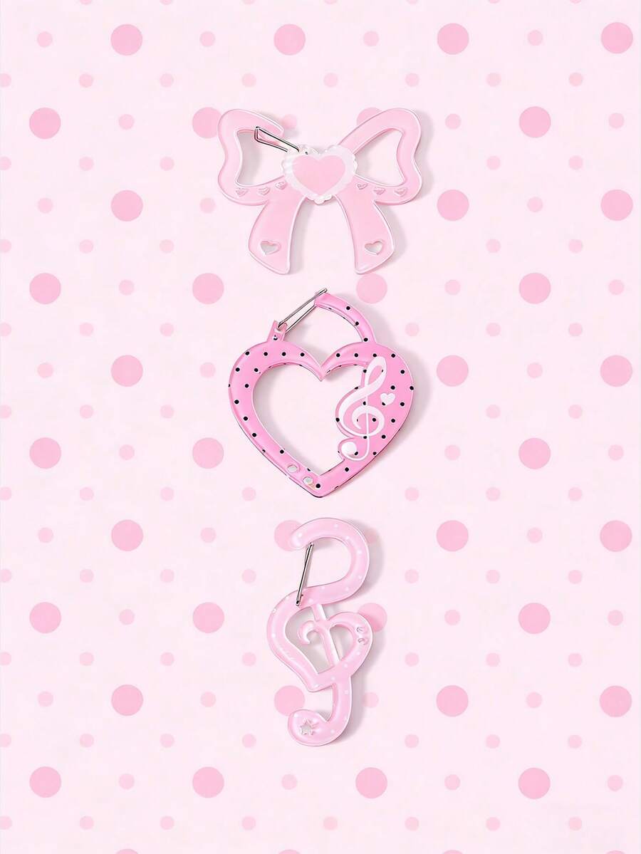 ROMWE Anime 3款随机款式可爱风蝴蝶结爱心音符形状钥匙扣，Y2K风格波点爱心图案粉色亚克力板钥匙扣，非常适合搭配背包和作为装饰品，美观高品质的配件。 - 粉黑色 - 查看 1