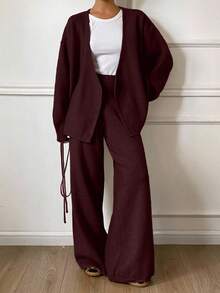 DAZY 2pcs/Set Women Loose Casual Wrap Sweater, Autumn/Winter - Burgundy - View 3