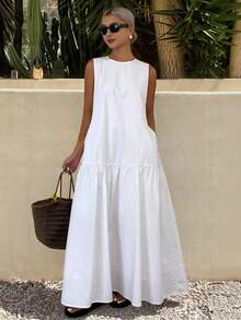 Livesso Đầm dài không tay màu trơn đơn giản cho nữ, mùa hè - trắng - Xem 4