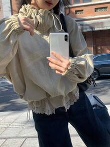 DAZY 女士休闲蕾丝拼接外套，时尚设计，春夏款 - 卡其色 - 查看 1