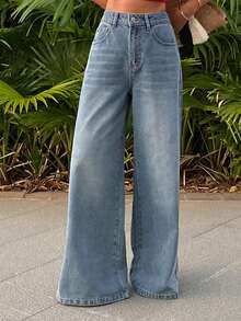 DAZY 女士休闲宽松直筒牛仔裤，做旧设计，度假风，适合春季、夏季和情人节穿着 - 藍色 - 查看 7