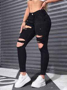 Flexra Women's Pocket Button Decor Casual Versatile Daily Wear Denim Jeans - Black - View 4