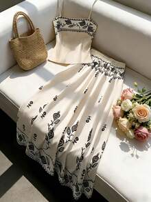 GlowEve Bộ đồ 2 mảnh gồm áo hai dây kiểu corset in hoa và chân váy maxi xòe cạp chun, thích hợp cho nữ đi nghỉ mát mùa hè. - Nhiều màu - Xem 1