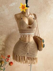 Soleia 两件套度假风串珠贝壳流苏下摆低腰斜摆毛衣套装，波西米亚风，度假风，秋季女装，复古风，节日 - 卡其色 - 查看 3