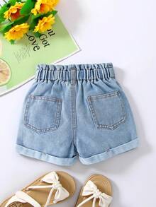 女童新款黑色牛仔荷叶边腰部短裤 - 中等水洗藍 - 查看 2
