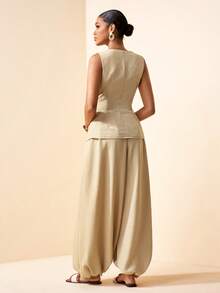 Zivah 2026 Spring/Summer New Arrival Wedding Season Music Festival Easter Western Boho Nashville Party Wedding Cocktail Date Casual Vacation Cruise Beach 2pcs Set: Button Front Vest + Ruched Exaggerated Lantern Leg Pants, Bamboo Texture Fabric, Khaki - Khaki - View 2