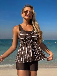 Swim Lushoire 两件套女士扎染条纹蝴蝶结前领宽肩带上衣+黑色中腰泳裤休闲度假比基尼套装 - 咖啡棕 - 查看 3