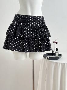 Elamini 女士迷你裙，褶皱裙摆，波点针织面料 - 黑色 - 查看 3