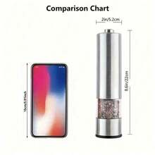 1个电动盐和胡椒研磨器，单手自动操作可调节不锈钢研磨器，自动胡椒研磨器，厨房用电子可调节胡椒研磨器（不含电池） - 銀色 - 查看 11