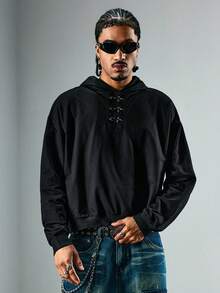 ROMWE MEN Street Life Sudadera casual de hombre con hebilla de avión de unicolor - Negro - Ver 5