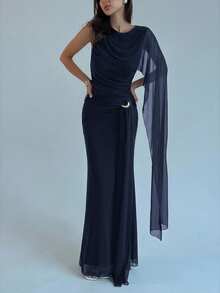 Aloruh Women's Solid Color Round Neck Flowy Dress - Navy Blue - View 5