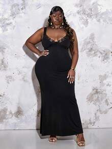 CurvyTilda 大码女式黑色优雅派对法式拼接蕾丝吊带鱼尾长裙，女士生日礼服 - 黑色 - 查看 4