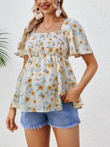 SHEIN 孕妇时尚碎花褶皱上衣 - 彩色 - 查看 1