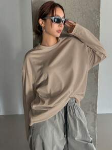 DAZY Solid Color Loose Long Sleeve Women's Round Neck T-Shirt, Long Length,Fall Clothes,Back To School Clothes - Khaki - View 4