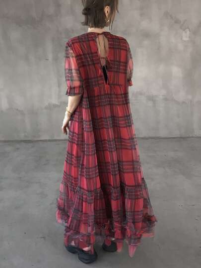 FRIFUL Vestido Longo Solto com Decote Redondo, Manga Bufante e Bainha Franzida para Convidada de Casamento, Estampa Xadrez