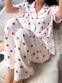SHEIN Casual Underwear&Sleepwear 心形印花翻领短袖女士睡衣套装 - 白色 - 查看 5