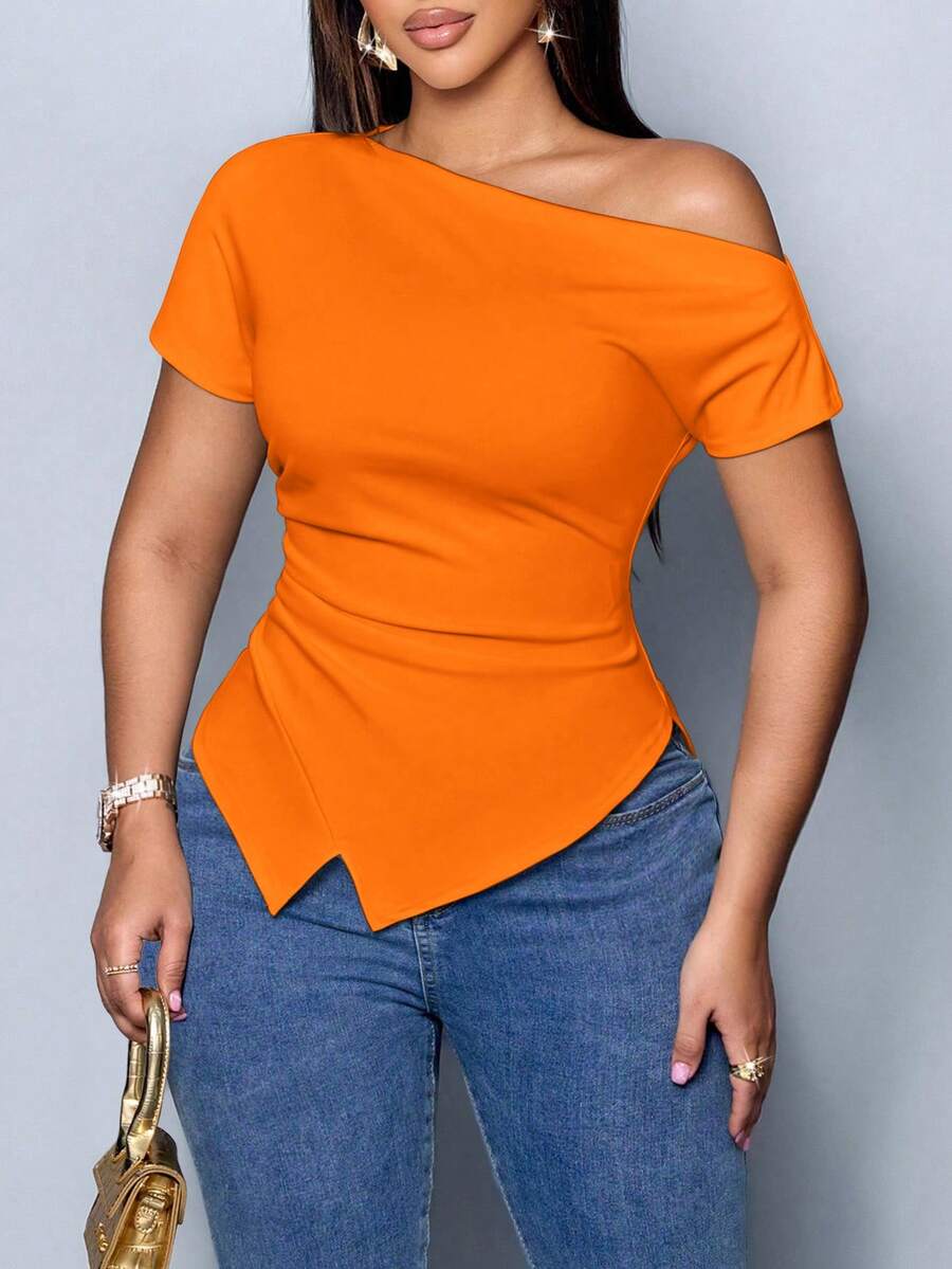 SOLERSUN Women's Elegant Asymmetric Neckline Ruched Asymmetric Hem T-Shirt - Orange - View 1