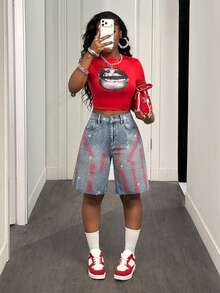 Slaydiva Quần short denim nữ mới, cạp thấp, dáng rộng, rách 5 điểm, kiểu Bermuda, họa tiết hình thoi / Quần short denim màu xanh nhạt / Trang phục nữ mùa thu / Trở lại trường học / Trang phục đồng quê nữ / Trang phục đi xem hòa nhạc đồng quê / Trang phục nữ cổ điển / Trang phục đi chơi / Trang phục sân bay nữ / Trang phục đường phố nữ / Trang phục nữ phong cách Y2K - Rửa trung bình - Xem 3