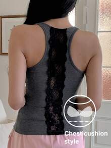 DAZY Áo camisole nữ kiểu xoắn lưng phối ren màu tương phản có đệm mút - Màu xám đen - Xem 2
