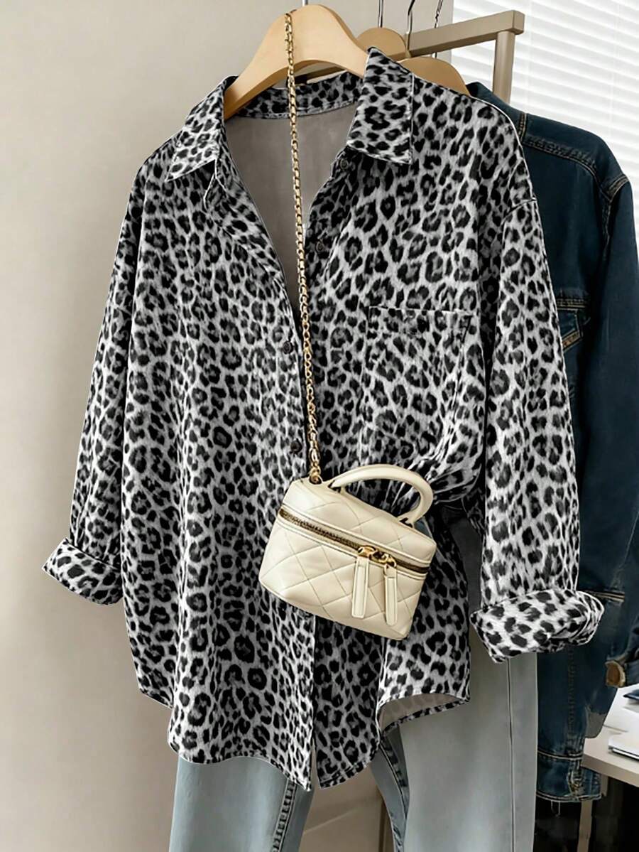Franclia Women's Casual Loose Long Sleeve Shirt, Leopard Print Pattern, Simple And Versatile For Everyday Wear, Autumn/Winter - Multicolor - View 1