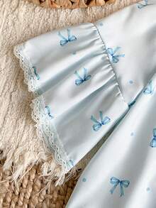 2件套幼儿女童宽松浅蓝色蝴蝶结花卉印花优雅蕾丝边长袖上衣和裤子睡衣套装 - 淺藍色 - 查看 7