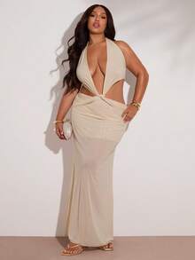 SHEIN BAE 大码女式深V领扭结褶皱露背吊带时尚度假连衣裙 - 杏色 - 查看 3