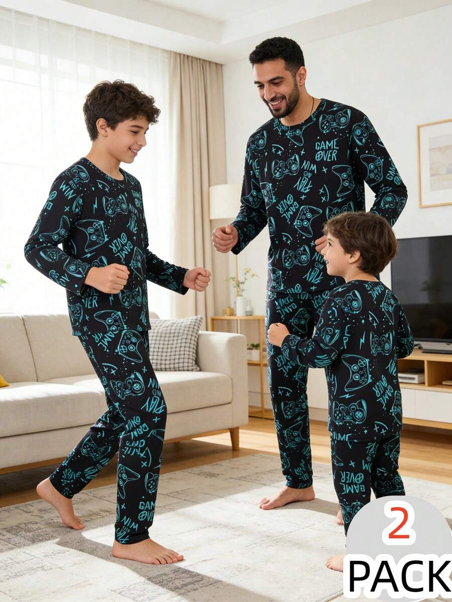 Tween Boys Pajamas-2 Piece Pajama Set Black Teal Game Print Round Neck Long Sleeve Top And Long Pants Comfortable Home Lounge Sleepwear All Season Holiday 2026 Must Have Gift Essential Casual Playful Modern Street Style