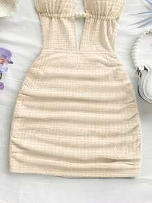 Soleia Women's Summer Vacation Solid Color Textured Halter Bodycon Mini Dress Spring Valentine's Day Party Dresses Wedding Guest For Women Outfits - Apricot - View 3