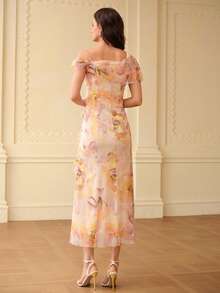 ZEYLAH Floral Print Asymmetric Ruffle Hem Dress - Yellow - View 4