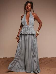 Musera Resort Áo kiểu yếm cổ yếm bằng vải lanh nhăn với chi tiết vòng kim loại, thích hợp mặc ngoài khi đi bơi, du lịch mùa hè, Terra Sol, mùa xuân. - Màu xanh bụi bặm - Xem 5