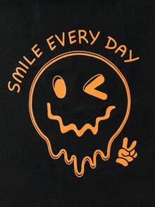 SHEIN Young Boys Smile Face Print Loose Comfortable Short Sleeve T-Shirt, Casual Fashion Street Style Minimalist Black Tee For Summer School Kids Clothing - Black - View 3