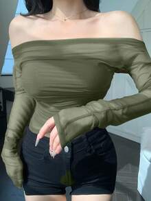 DAZY Blusa elástica de malla transparente con hombros descubiertos, para primavera/verano - Verde Oliva - Ver 4