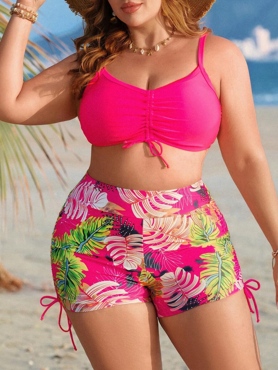 Swim Lushoire Plus Size Women 2pcs Printed Drawstring Swimsuit, Sexy & Cute Neon Color Swimwear For Party, Beach, Pool, Vacation, Street Fashion - Multicolor - View 1