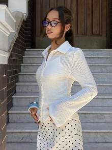MainGRL Women's Casual Solid Color Textured Front Button Long Sleeves T-Shirt, Going Out Tops For Women,Work - White - View 4