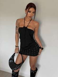 StreetHx Đầm cổ yếm màu trơn đính ngọc trai dành cho nữ - màu đen - Xem 5