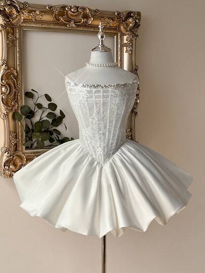 Lovelzi Elegant Luxurious White Lace & Sequin Patchwork, Satin, Handcrafted Sequins Chain Decor, Boat Neck, Puff Skirt, Multi-Fishbone Waist Cutout, Sheer Short Dress, Suitable For Dates, Parties, Formal Occasions, Weddings, Christmas, Bridal Gifts (Heavy-Duty)