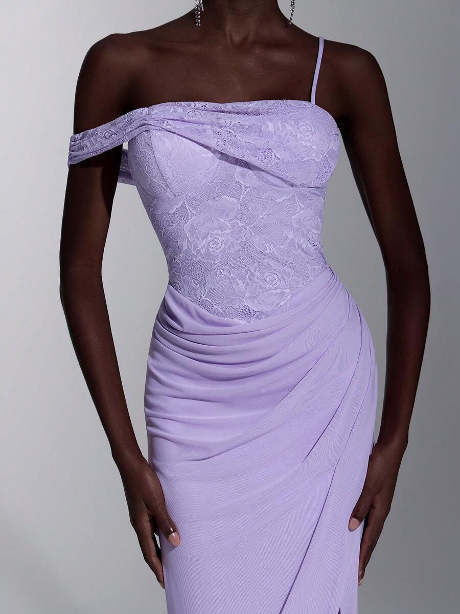 Elitara Robe de soirée maxi élégante et luxueuse pour femmes, en dentelle violette avec patchwork, tricot élastique, bretelle ajustable à une épaule, fente sexy haute