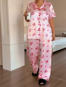 SHEIN Bộ đồ ngủ cardigan cổ bẻ in nơ và quả anh đào dành cho nữ cỡ lớn - Hồng - Xem 3