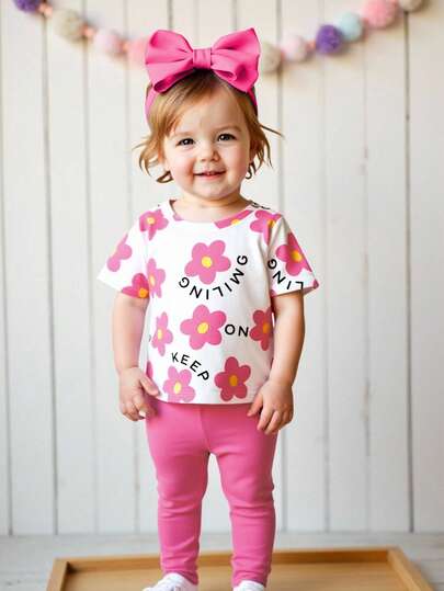 SHEIN 2pcs/Set Baby Girl Cute Floral & English Letter Print Short Sleeve T-Shirt + Simple Leggings Outfit, Suitable For Outings In Summer