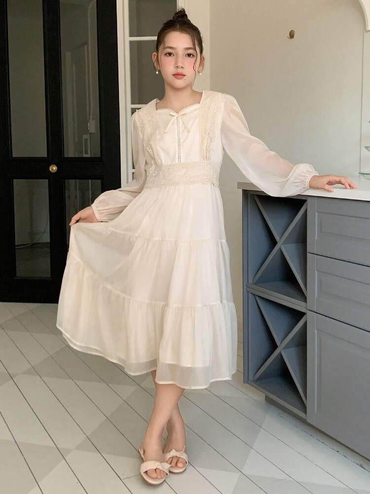 Tween Girl Elegant Contrast Lace Mesh Lantern Sleeve Dress, Autumn